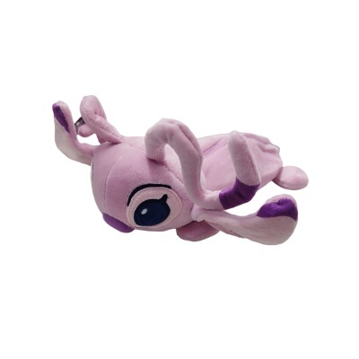 Pelúcia cor de rosa e lilás em forma de animal com olhos grandes bordados