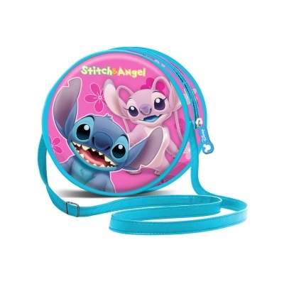 Mala redonda infantil rosa e azul com personagens Stitch e Angel