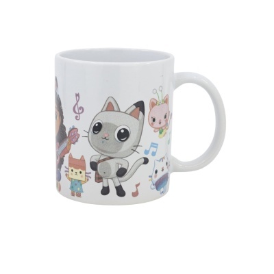 Caneca branca com desenho de personagens de gato e animais coloridos