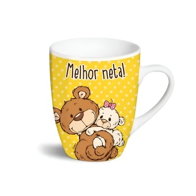 Caneca branca com desenho de ursos e texto 'Melhor neta!' em amarelo com bolinhas brancas