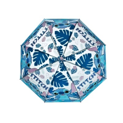 Guarda-chuva azul com estampa do personagem Stitch e folhas tropicais