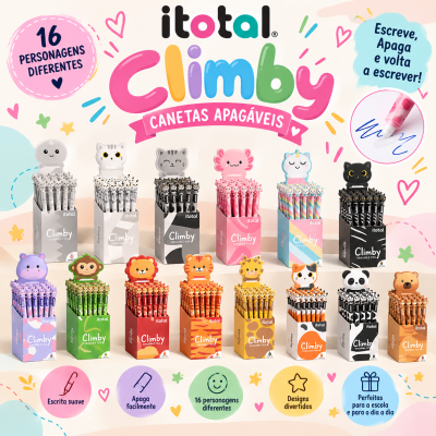 Caixas coloridas com canetas apagáveis Climby itotal decoradas com diferentes personagens animais, texto promocional em português.