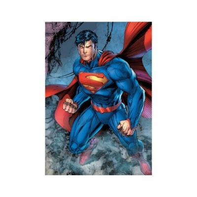 Ilustração do super-herói Superman em fato azul com capa vermelha e símbolo S