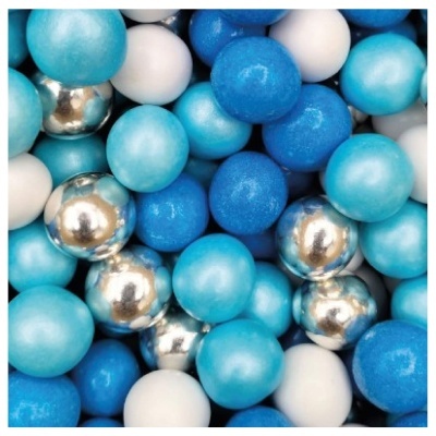 Esferas coloridas em azul claro, azul escuro, branco e prateado