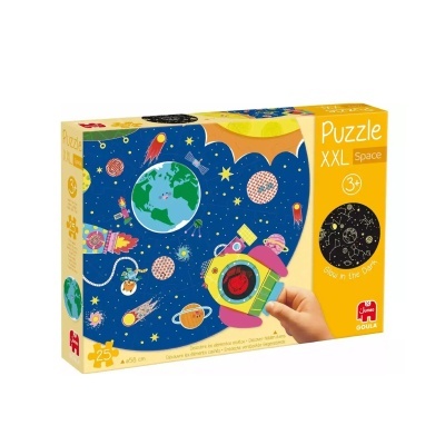 Caixa de puzzle XXL Space com ilustração de espaço e foguete colorido