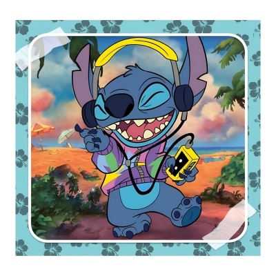 Personagem Stitch azul com auscultadores e dispositivo amarelo na praia