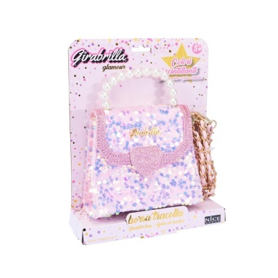 Bolsa de ombro rosa com lantejoulas e alça de pérolas em embalagem rosa com texto