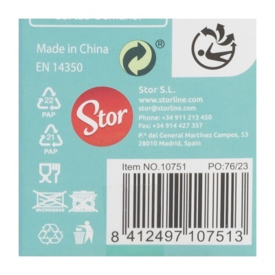 Etiqueta azul clara com logotipo vermelho e códigos de barras