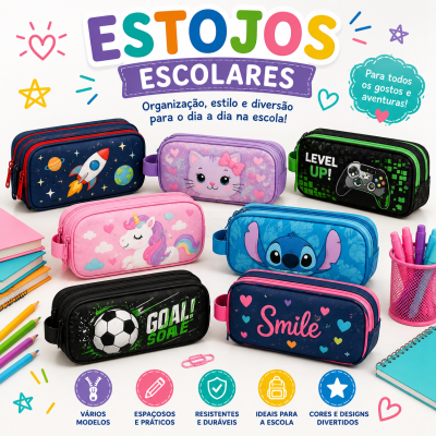 Estojos escolares coloridos com diferentes designs e textos diversificados