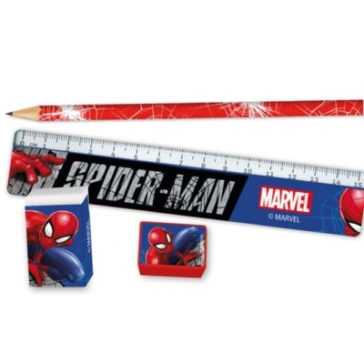 Conjunto de papelaria Spider-Man Marvel com lápis, régua e borrachas