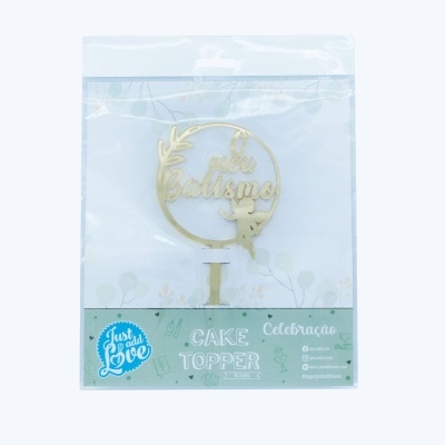 Topper para bolo dourado com texto O meu Batismo em embalagem transparente