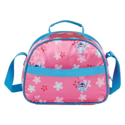 Bolsa rosa com padrão de flores e personagens Stitch azuis com alça e pega azul