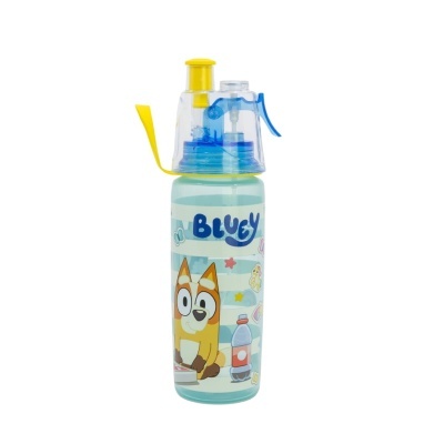 Garrafa infantil com personagem Bluey, tampa amarela e azul, cordão amarelo
