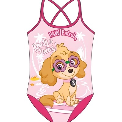 Fato de banho rosa para criança com personagem Skye da PAW Patrol e texto