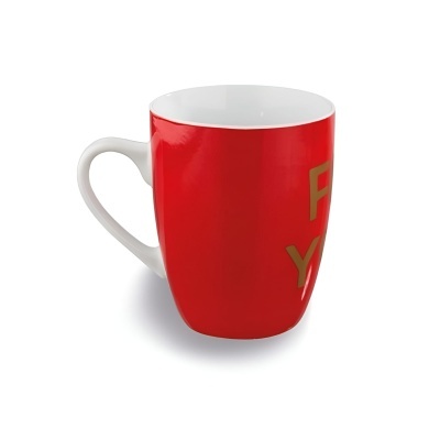 Caneca cerâmica vermelho e branco com texto dourado