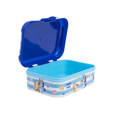 Lancheira plástica azul com tampa aberta e personagens de desenho animado