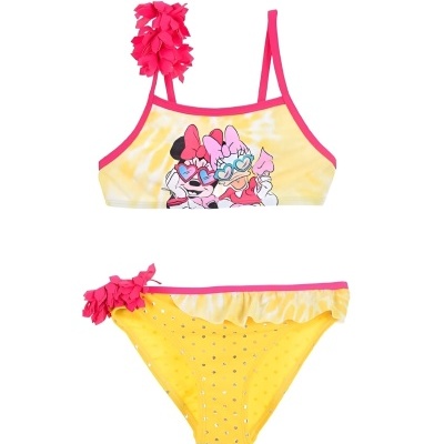 Biquíni infantil amarelo e rosa com personagens Disney e detalhes frisados