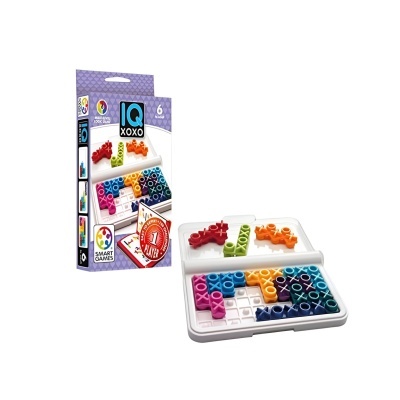 Jogo de puzzle IQ XOXO Smart Games com peças coloridas e embalagem roxa e branca