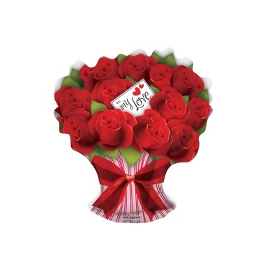 Arranjo de flores em papel com rosas vermelhas e laço vermelho e branco