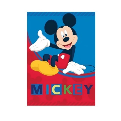 Desenho do Mickey Mouse com fundo azul e vermelho e texto MICKEY