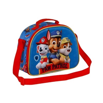 Mala azul e vermelha com personagens da Patrulha Pata e texto PAW PATROL