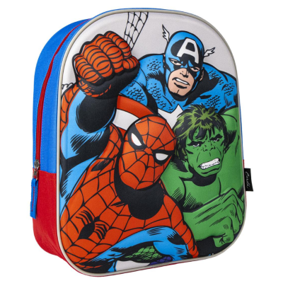 Mochila infantil azul, vermelha e branca com estampa dos heróis Capitão América, Homem-Aranha e Hulk.