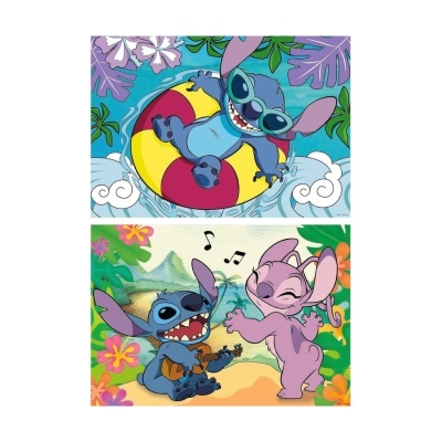 Cena superior: Stitch em bóia colorida na água com óculos de sol; cena inferior: Stitch toca guitarra enquanto Angel dança numa floresta florida.