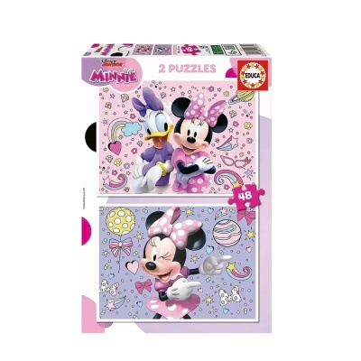 Caixa de 2 puzzles Disney Minnie com personagens Minnie e Margarida e fundo colorido
