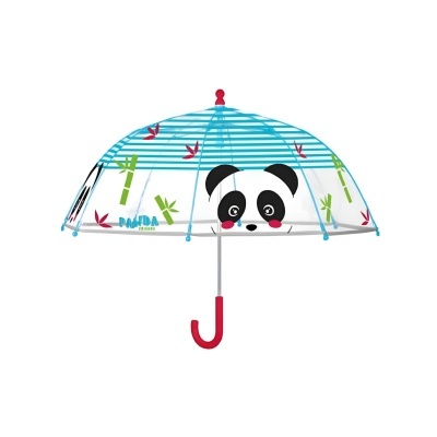Guarda-chuva infantil transparente com padrão azul às riscas e panda