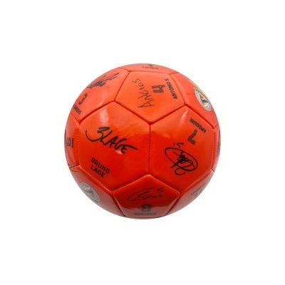 Bola de futebol sala laranja com assinaturas e textos impressos