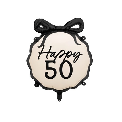 Balão de festa redondo bege com borda preta e texto 'Happy 50'.