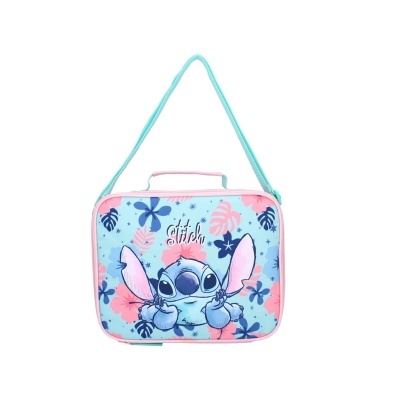Mala infantil azul clara com imagem do Stitch e alça azul