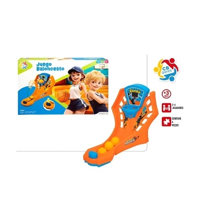 Jogo de basquetebol infantil em plástico laranja e azul com três bolas laranja e embalagem