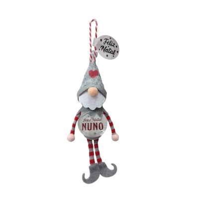 Enfeite de Natal duende tecido cinzento e vermelho com texto Feliz Natal e nome NUNO