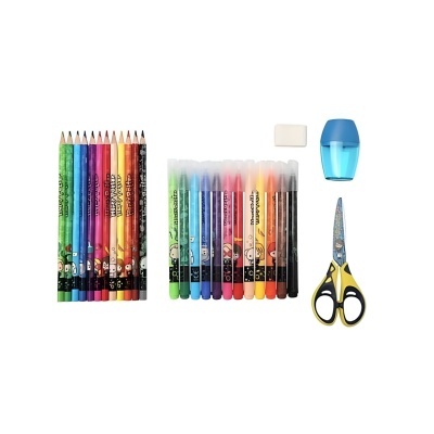 Conjunto de material de desenho com lápis de cor, marcadores, borracha, apontador e tesoura