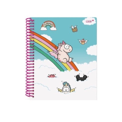 Caderno com capa azul, unicórnio rosa, arco-íris e nuvens brancas