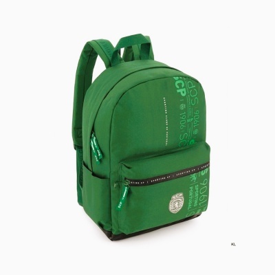 Mochila verde com bolsos e texto branco e verde impresso
