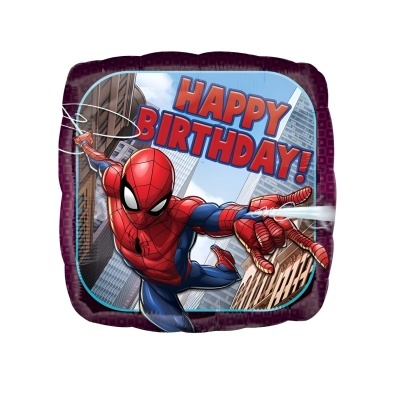 Balão quadrado Spider-Man com texto Happy Birthday em fundo de cidade