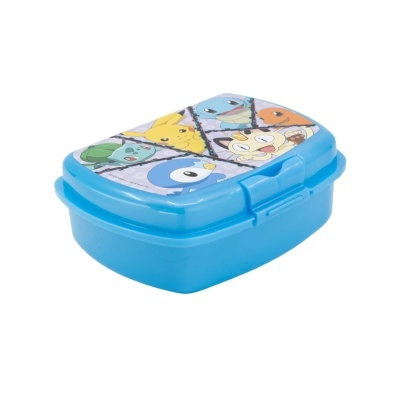 Lancheira azul de plástico com personagens de desenhos animados na tampa