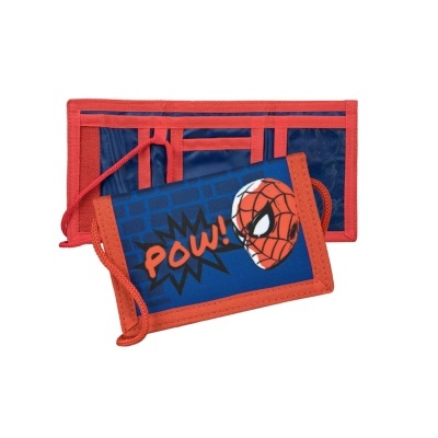 Carteira azul e vermelha do Homem-Aranha com a palavra POW!