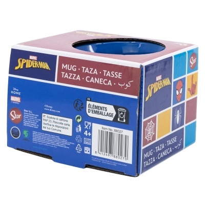 Caixa azul de caneca Marvel Spider-Man com traduções da palavra caneca e símbolos do Homem-Aranha.