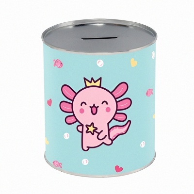 Pote metálico azul claro com personagem rosa de desenho animado e peixes.