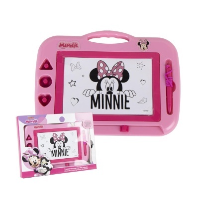 Quadro de desenho magnético cor-de-rosa Minnie Mouse com formas de carimbo e caneta, caixa de embalagem visível