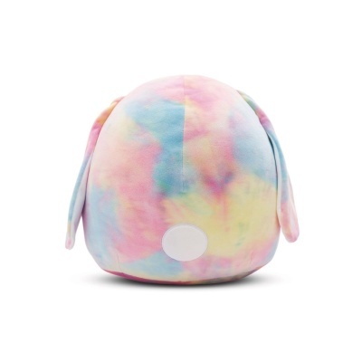 Peluche redondo tie-dye com orelhas penduradas e etiqueta branca