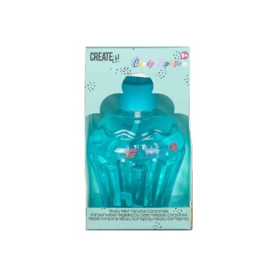 Frasco azul turquesa de body mist na embalagem azul claro com texto CREATE it! Candy Explosion 6+