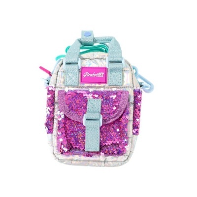 Mini mochila com paetês cor-de-rosa e alças azul claro