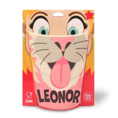 Saco para líquidos reutilizável estampado com rosto de leão rosa e texto LEONOR