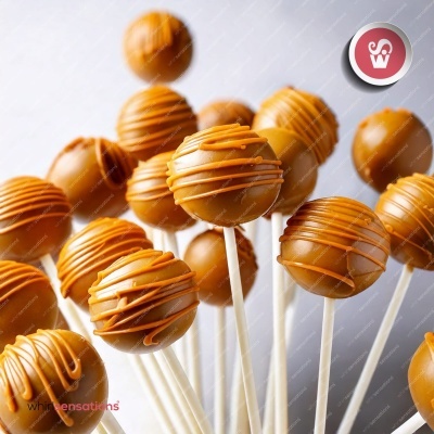 Pirulitos redondos cobertos por chocolate caramelo com linhas finas decorativas sobre fundo claro