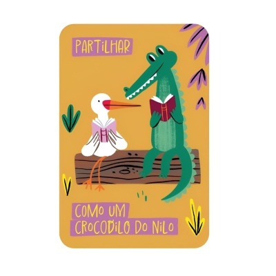 Ilustração de crocodilo e cegonha a ler livros num tronco, texto em português sobre partilhar
