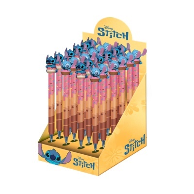 Expositor amarelo com canetas Disney Stitch com topper em forma de Stitch azul.